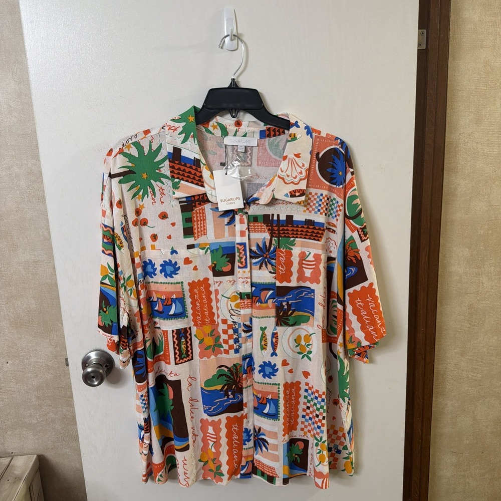 Sugarlips Women's Post card Print Short Sleeved Blouse Sz: 3X